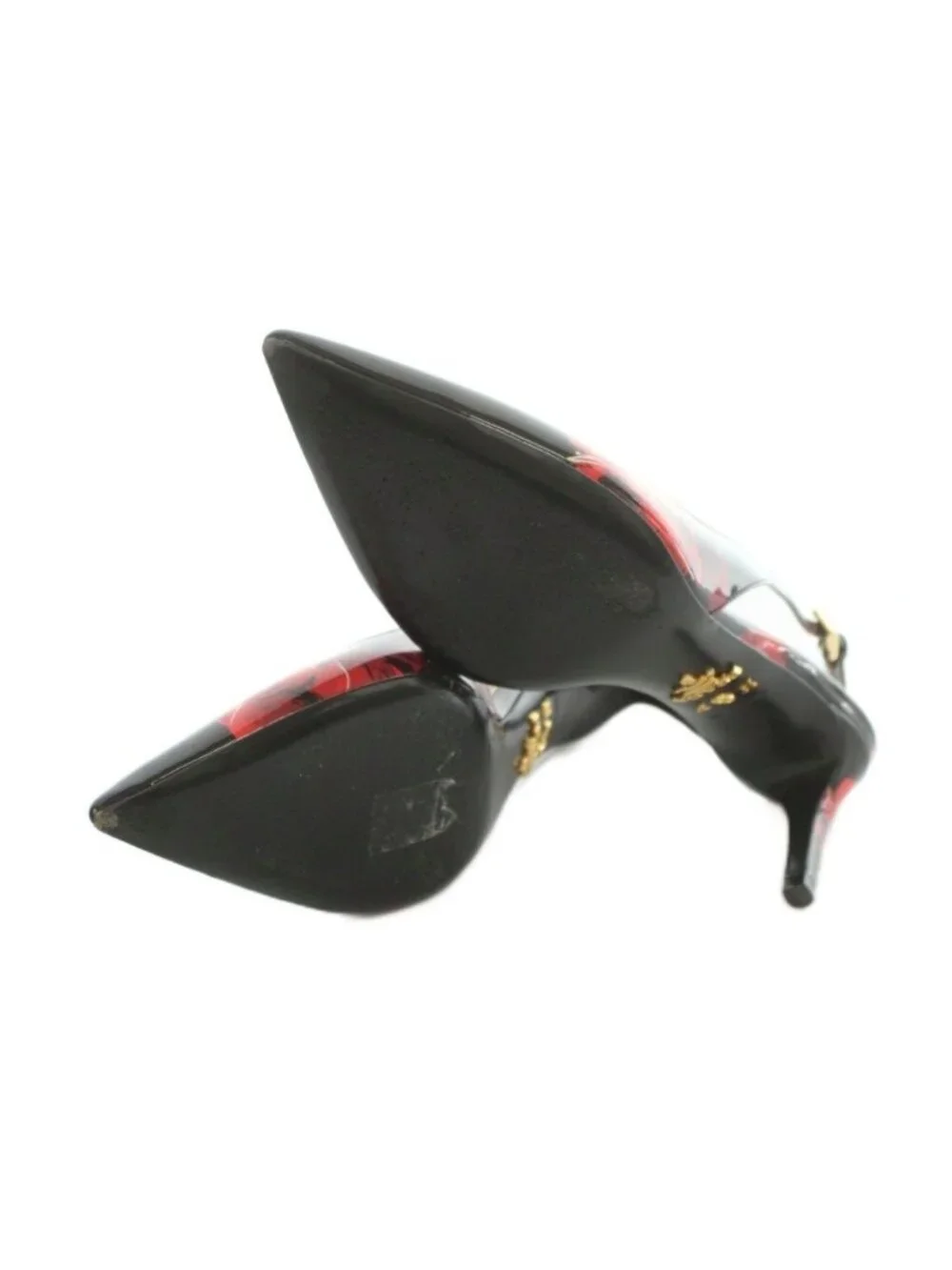 Prada Flower Design Slingback Pumps Pointed Toe Patent Black Red Heel